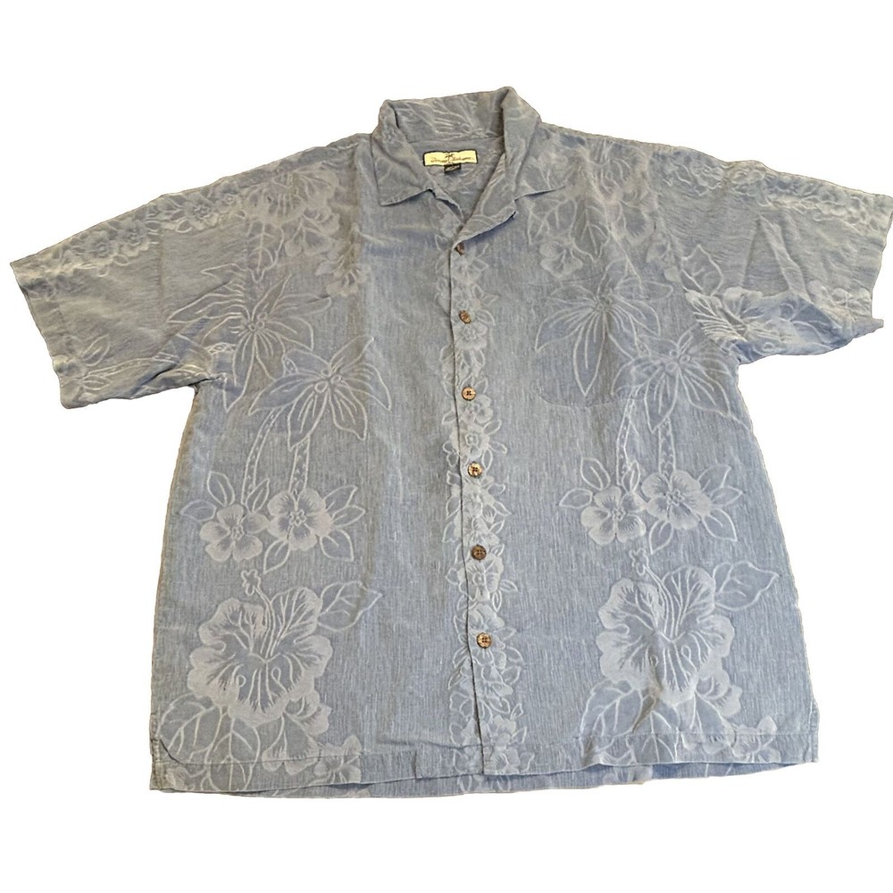 Tommy Bahama Silk Shirt Mens L Large Festive Blue Original Fit Floral Hawaiian
